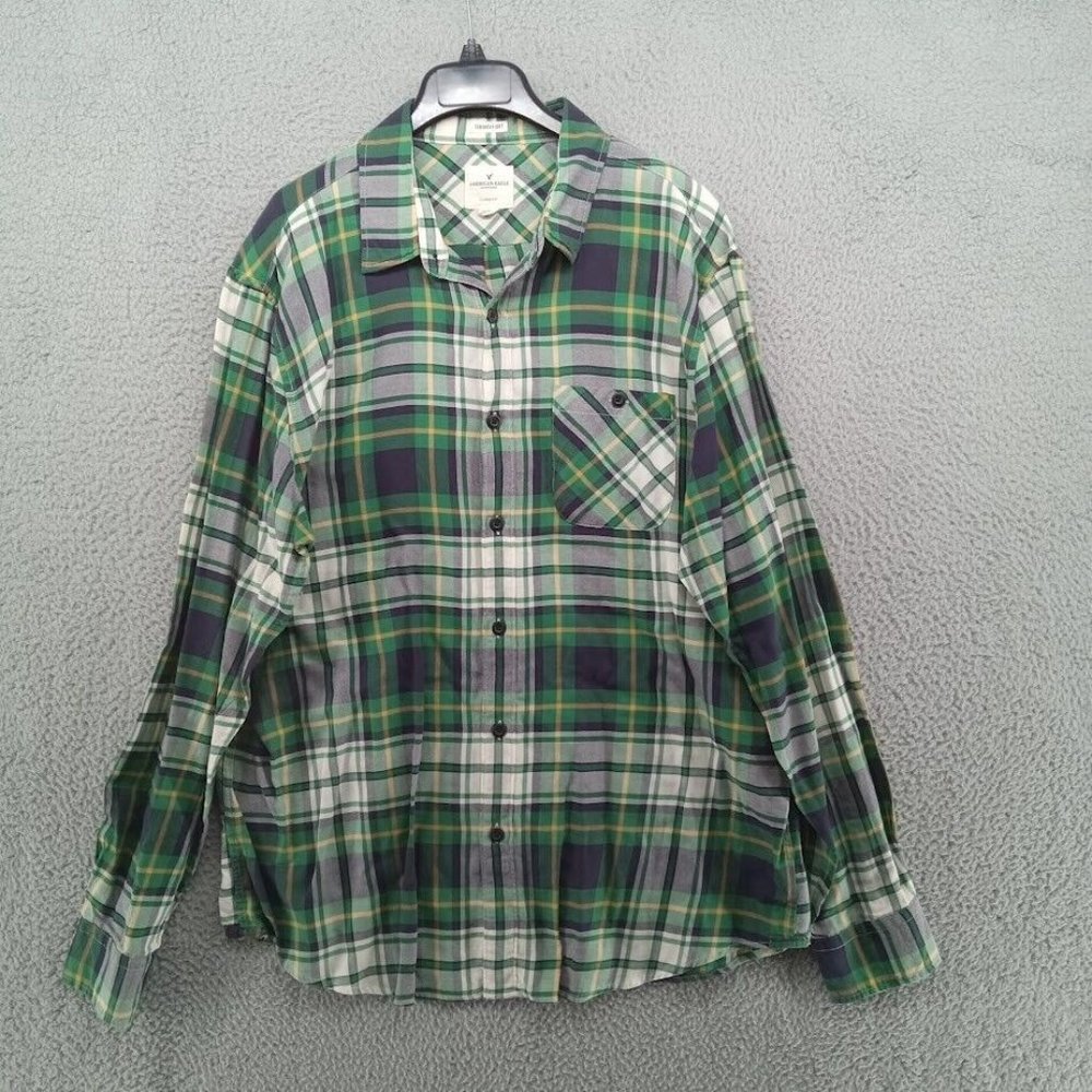 American‎ Eagle Shirt Mens XL Green Plaid Seriously Soft Classic Fit Flannel